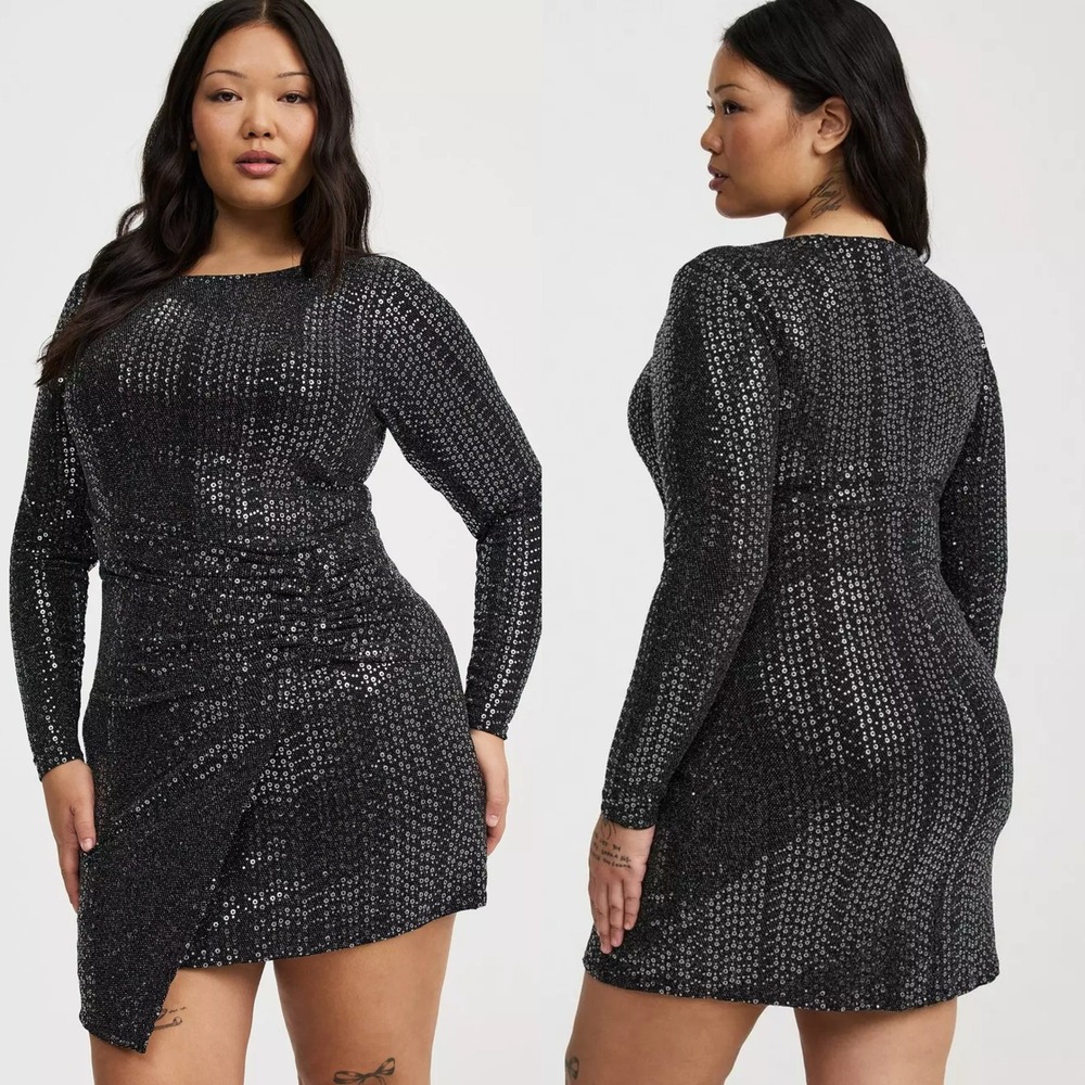 Torrid Womens Disco Sequin Wrap Mini Dress Plus Size 1X Black Silver Sequin Club